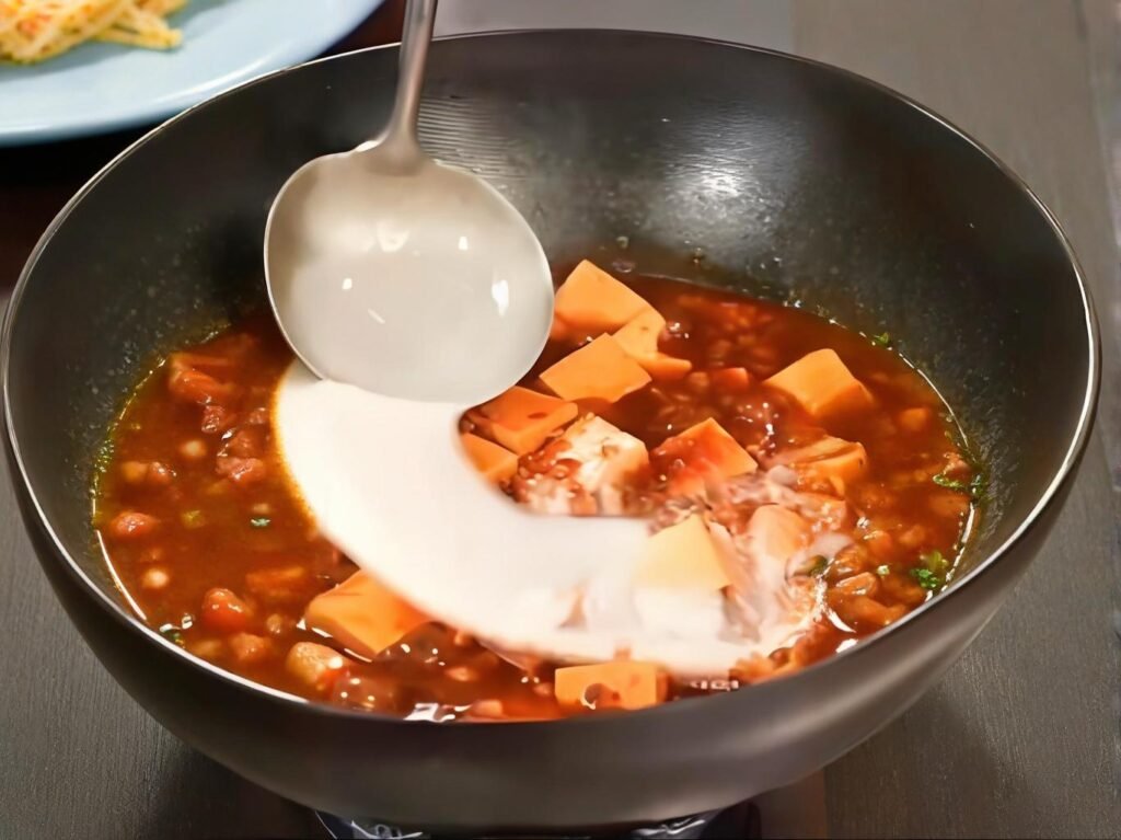 Slowly pour in the water starch while stirring gently.
Let the sauce thicken, ensuring the tofu is evenly coated.